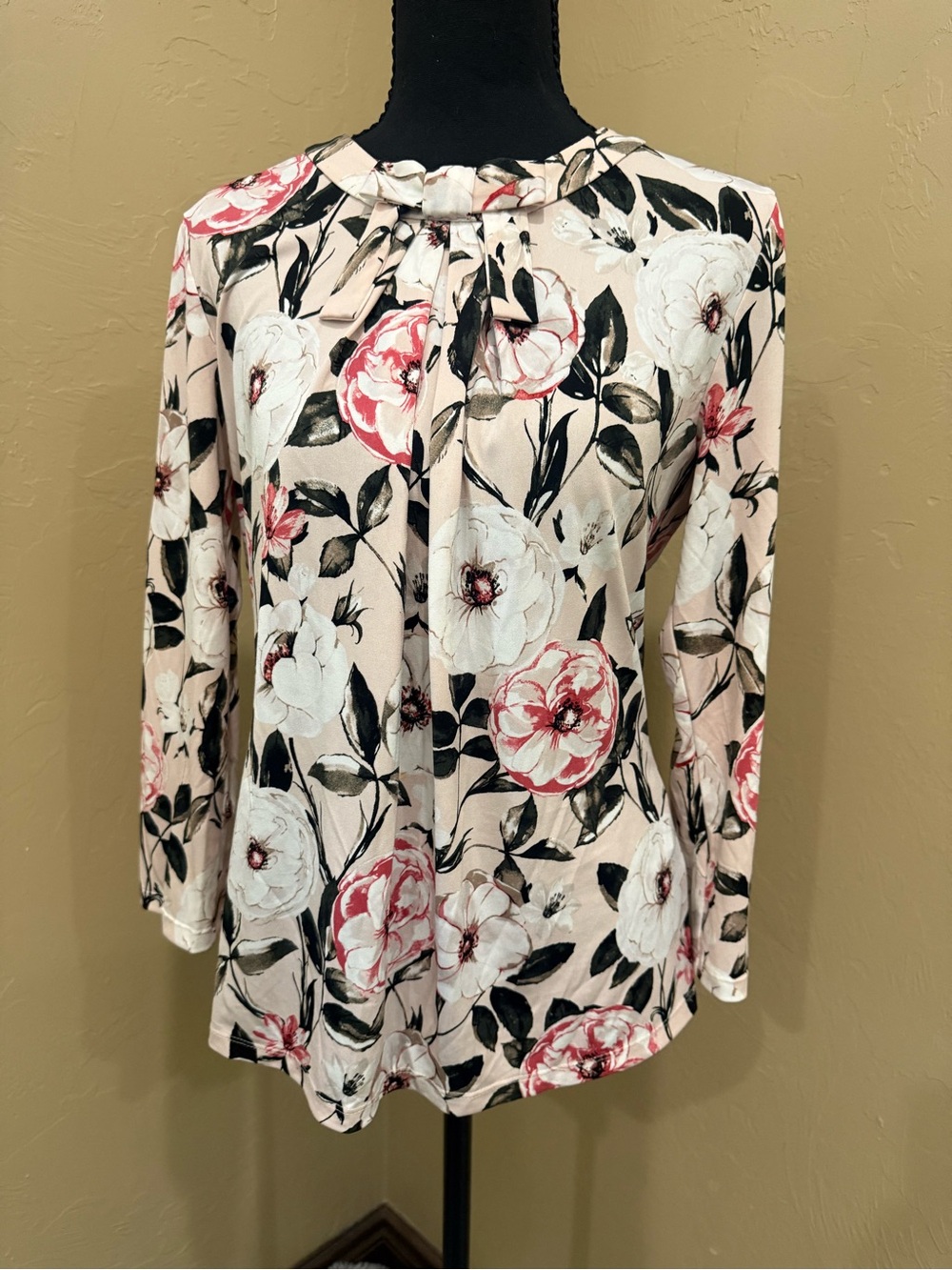 Karl Lagerfeld Blush Floral Pleat-Neck Long Sleeve Top